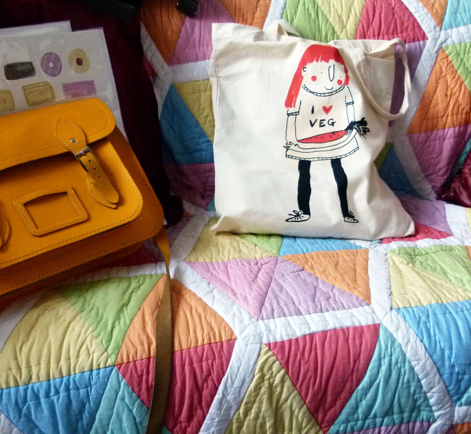 I love vegetables tote bag, vegetarian gift, orange and black Hand screen printed 2 colour tote bag featuring my illustration 'Carrot Top'