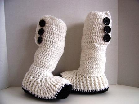 Crocheted White & Black Hightop Slipper Boots for Teens and Adults by Kams-store.com