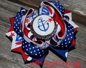 Mouse Head Nautical Patriotic Mini Boutique Hair Bow Red, White And Blue