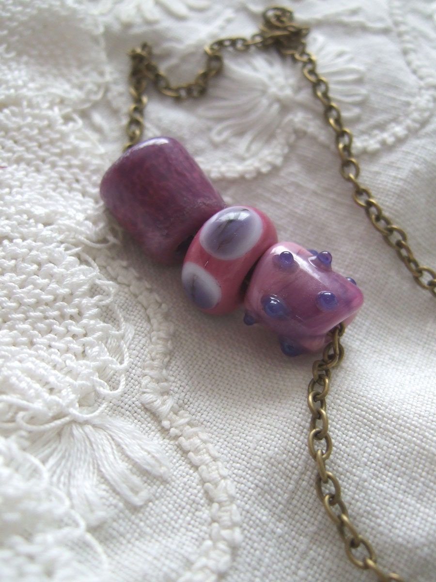 Necklace of Lampworked Pink and Purple "Harvest" Beads