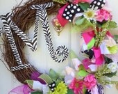 Spring Wreath with Ribbons Letter Monogram Initial Flowers zebra polka dot