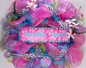 Mesh wreath for summer in pink, turquoise and zebra print deco geo mesh