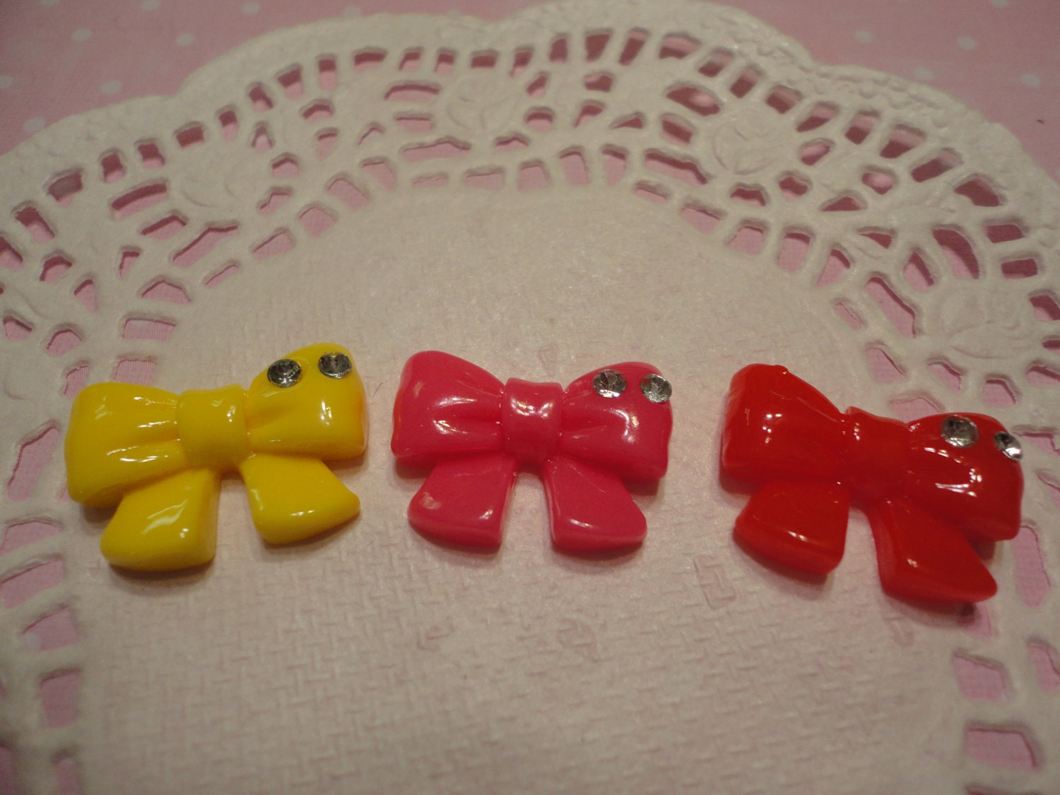So cute ribbon bow with rhinestone cabochons 3 pcs