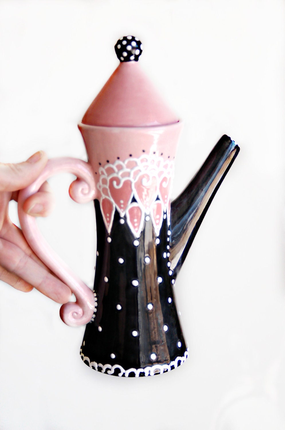 Whimsical Victorian Teapot in Black, Pink and White