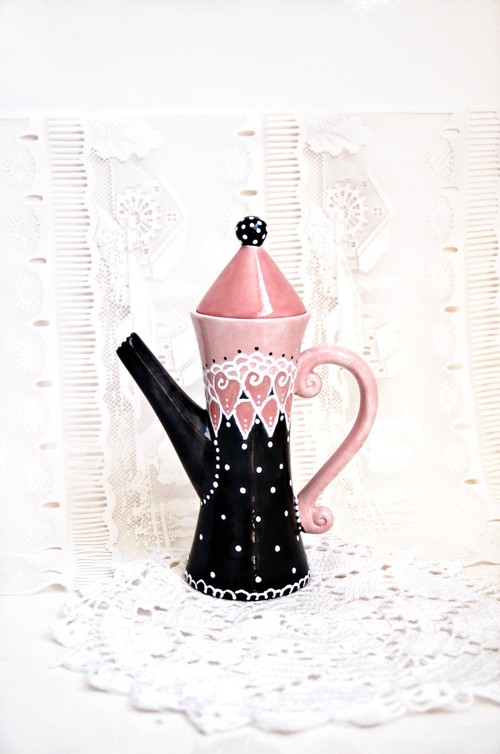 Whimsical Victorian Teapot in Black, Pink and White