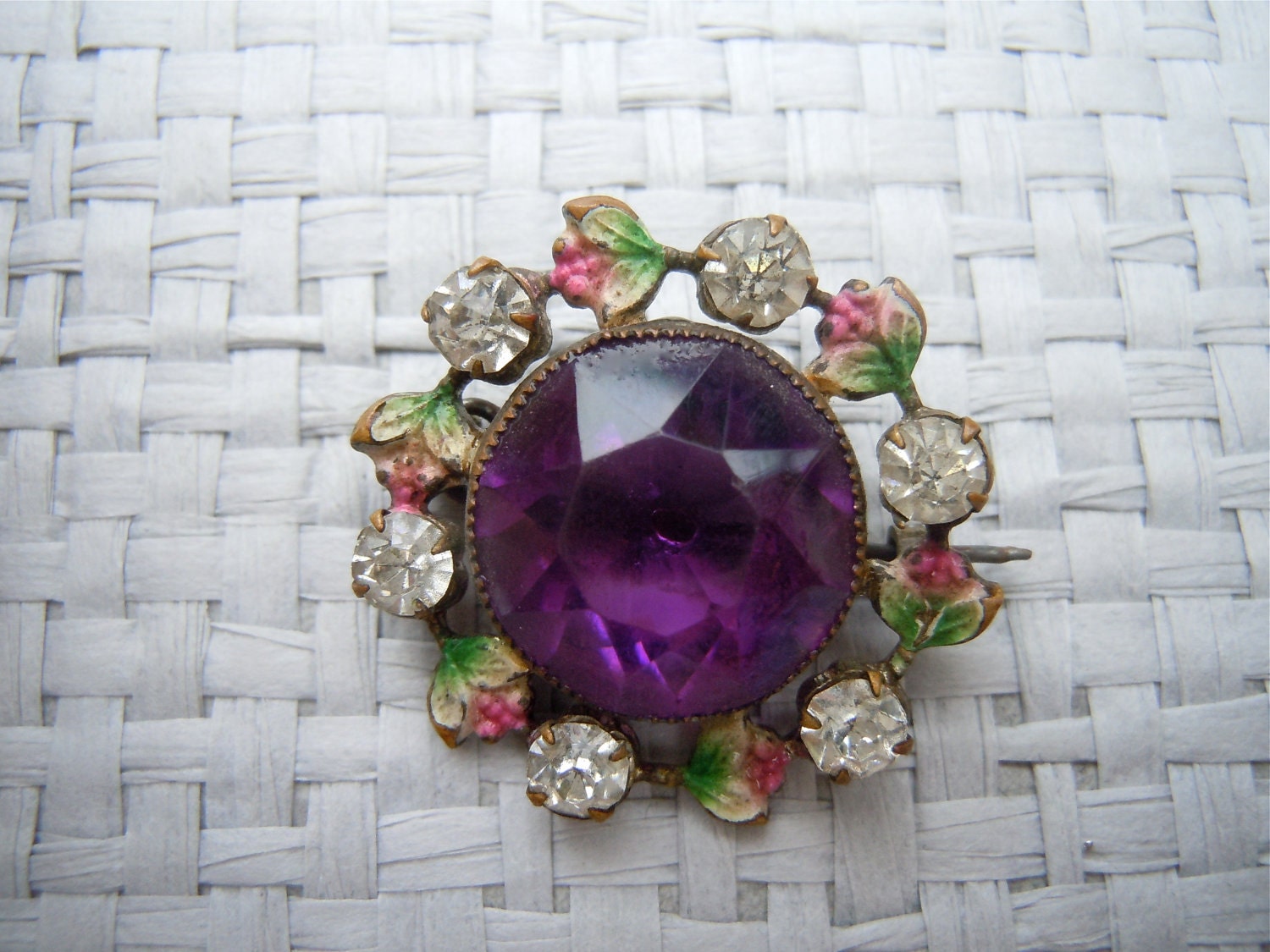 Edwardian Amethyst Pin, Enamel Rhinestones/ Glass Amethyst stone 1900's