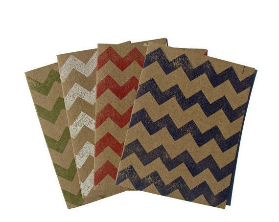 Chevron Blank Handmade Note Cards Set of 4 Blue Green White Red Kraft Paper Stamped Rustic