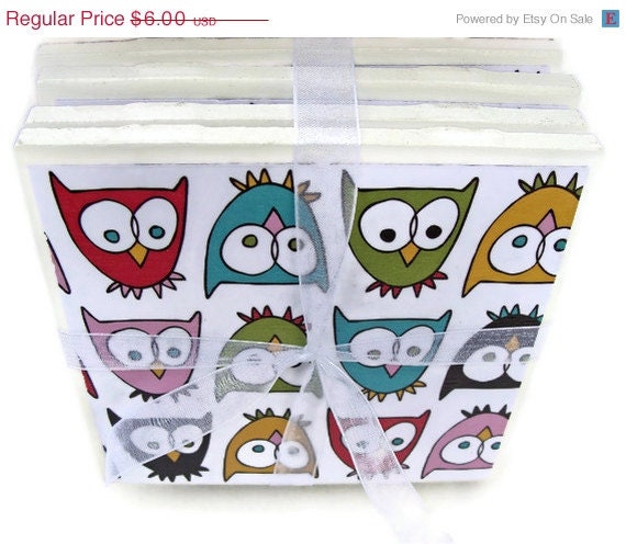 Christmas in July Sale Fun and Funky Owls Handmade Tile Coasters, Set of 4