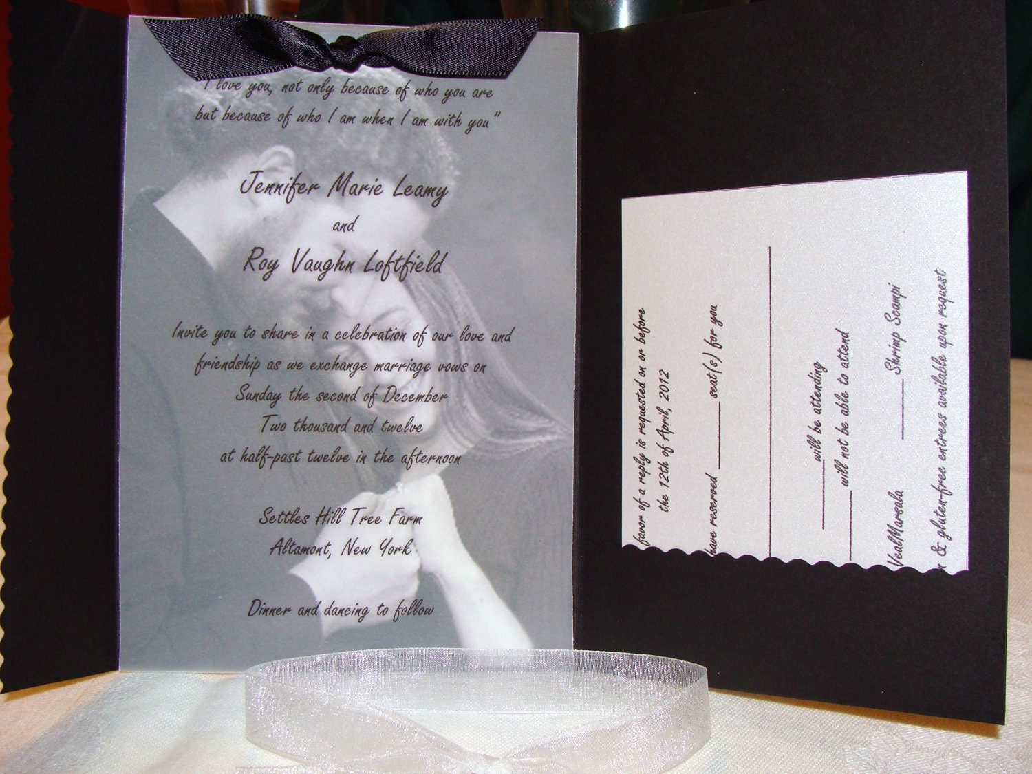 Pocketfold Wedding Invitation with Photograph & Vellum Overlay - Sample Only, Custom, Ribbon, Black, White, Metallic