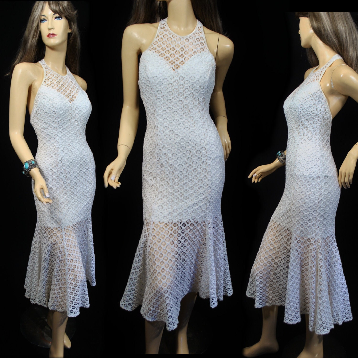 ON SALE Vintage 1970s Sheer Crochet Mini Maxi Boho Knit Wedding Festival Flutter Hippie Sun Dress - Small