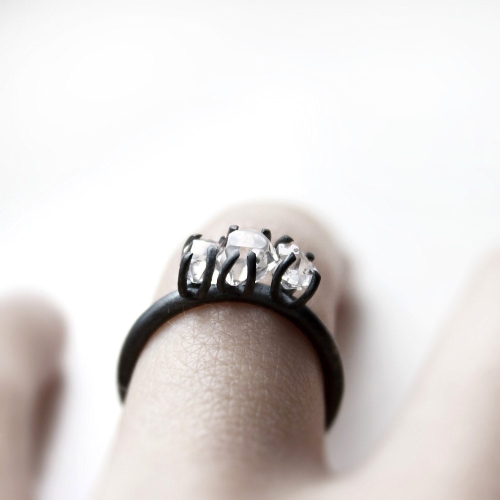 Three . herkimer diamonds oxidized sterling silver ring