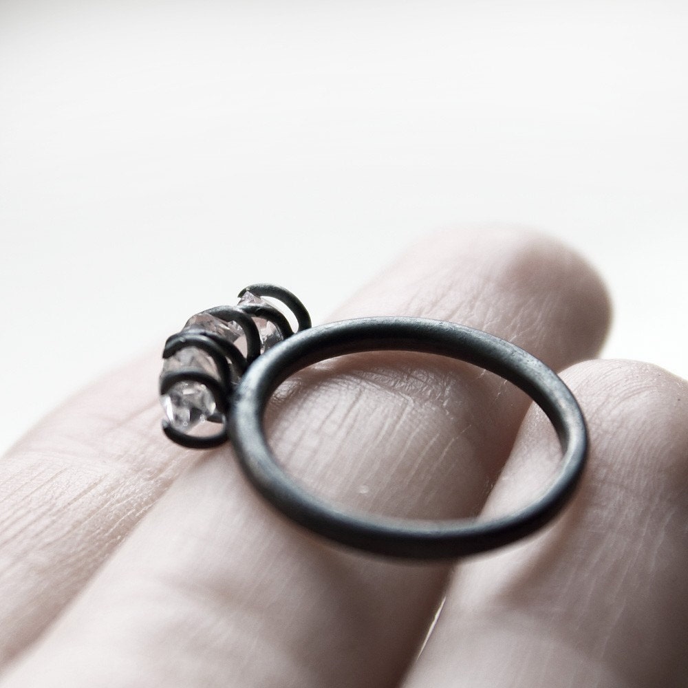 RESERVED Three . herkimer diamonds oxidized sterling silver ring