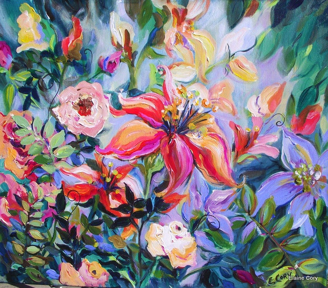 Floral Original Painting palette knife  Garden Flowers  20 x 24 Original  Art by Elaine Cory