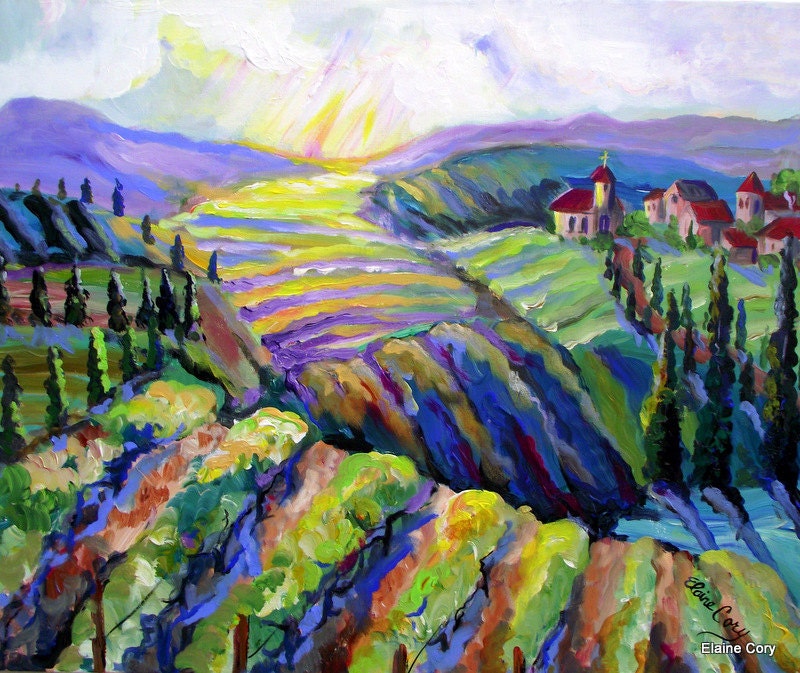 WINERY Vineyard  LAVENDER HILLS   Landscape Original Painting 24 x 30 palette knife Fine Art  by Elaine Cory