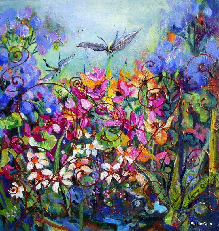 DRAGONFLY GARDEN Floral Original Painting Oil palette knife 24 x 24 Original Art by Elaine Cory