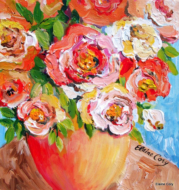Orange Vase Still life Painting palette knife 12 x 12 Original Fine Art by Elaine