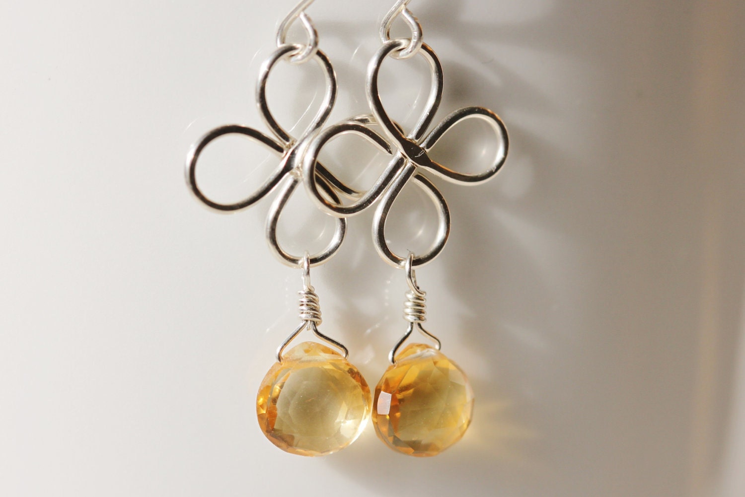 Citrine Earrings Argentium Sterling Silver Clover Golden Yellow November Brithstone Hammered Semiprecious Gemstone - Luck of the Irish