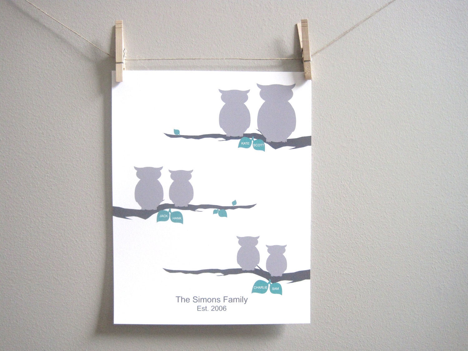 Family Tree Print - owl print, 11x14 print, family tree, silhouette, grey, gray, teal, woodland