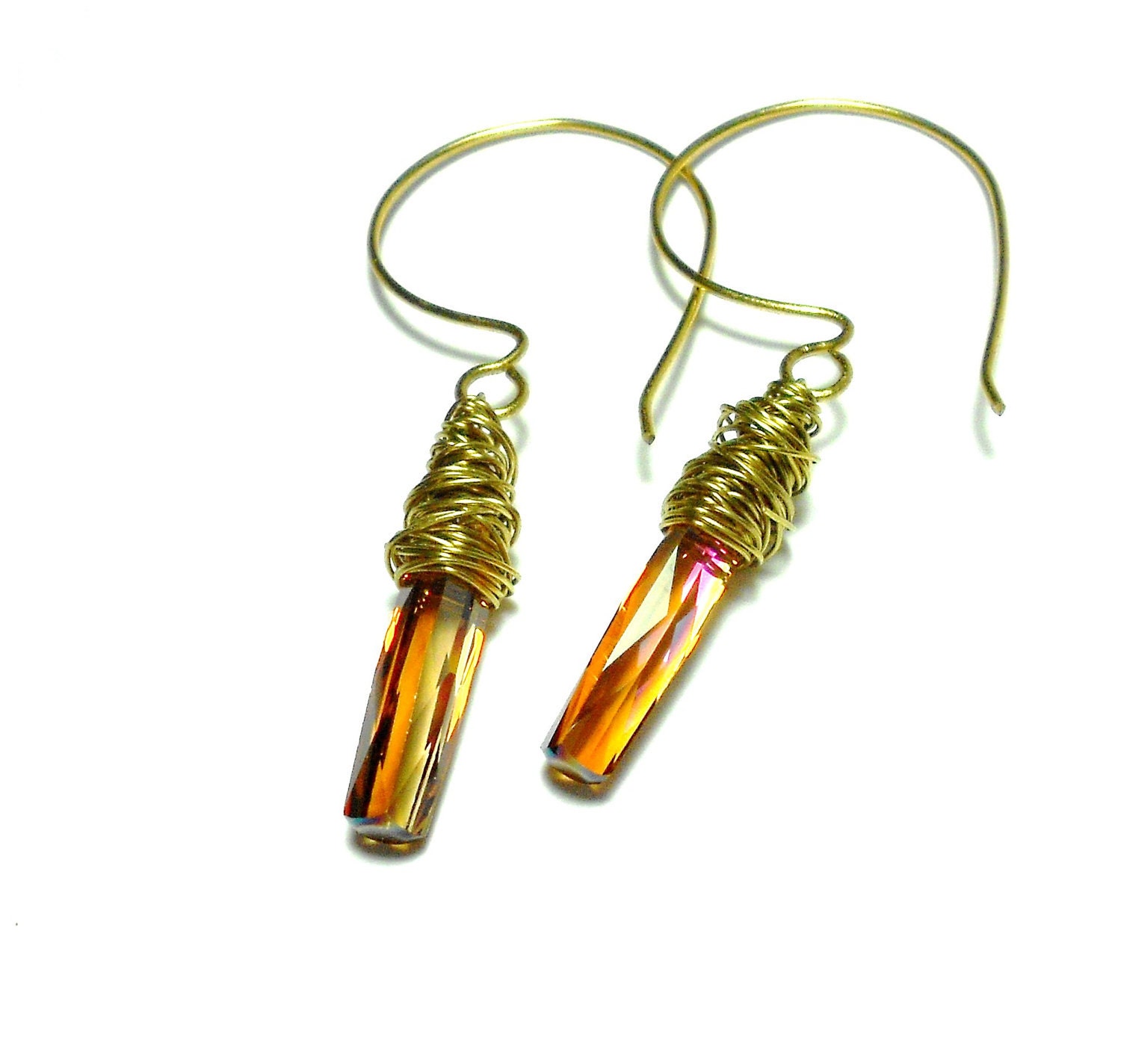 Swarovski Copper Crystal Columns - Brass Wire Wrap Earrings as seen in Bead Style Magazine