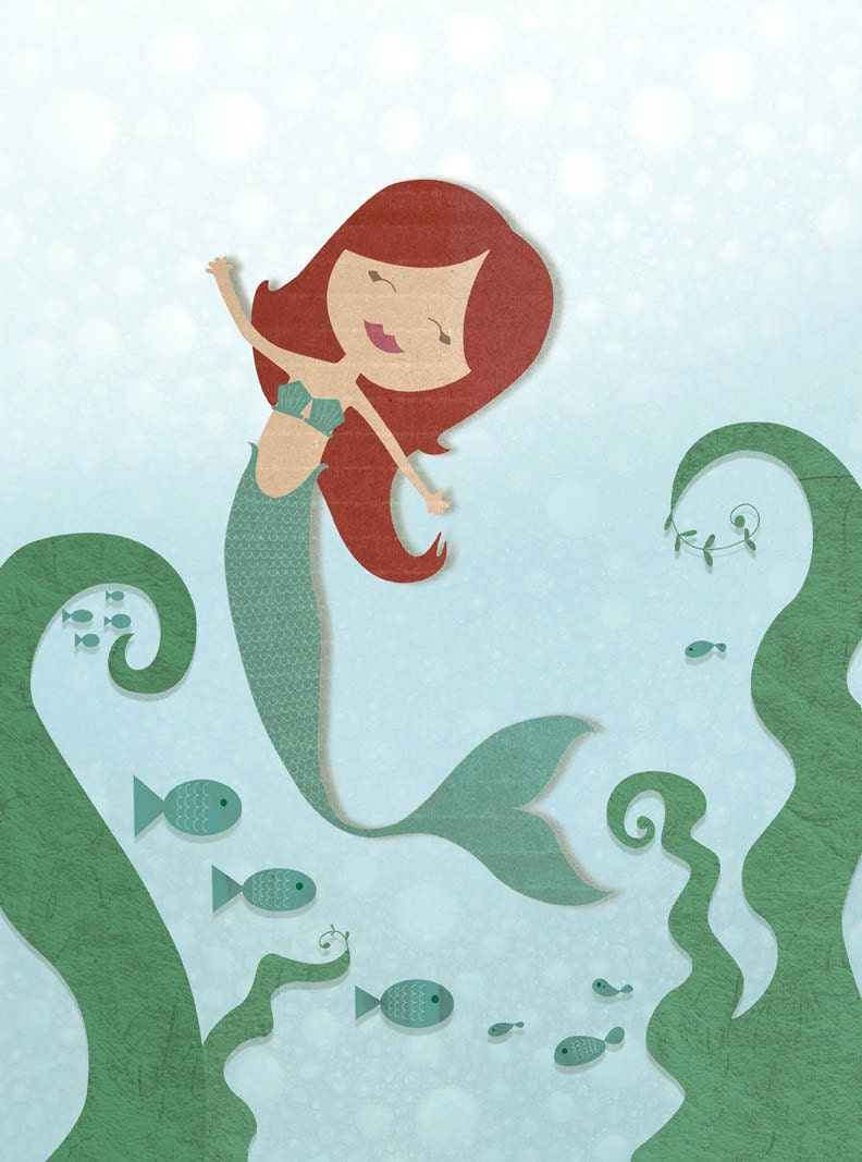Mermaid illustration : cute, whimsical  8.5 x 11" print