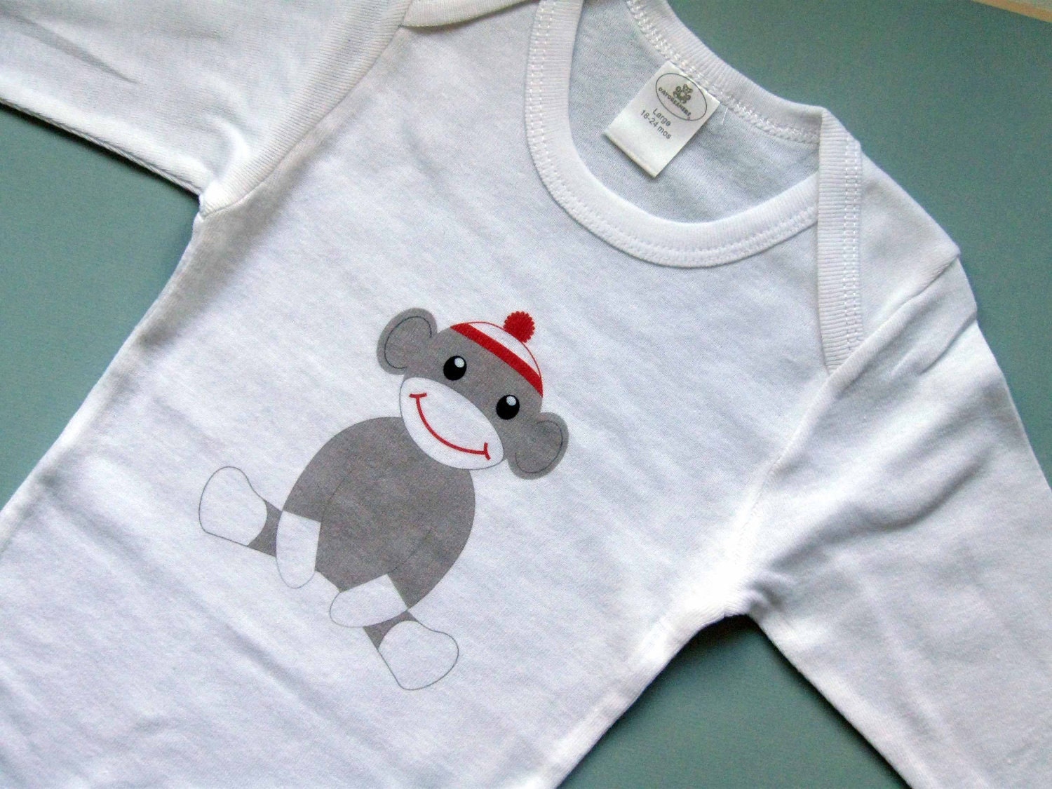 Large 18 - 24  / Long Sleeve Onesie / sock monkey by kaydi-did