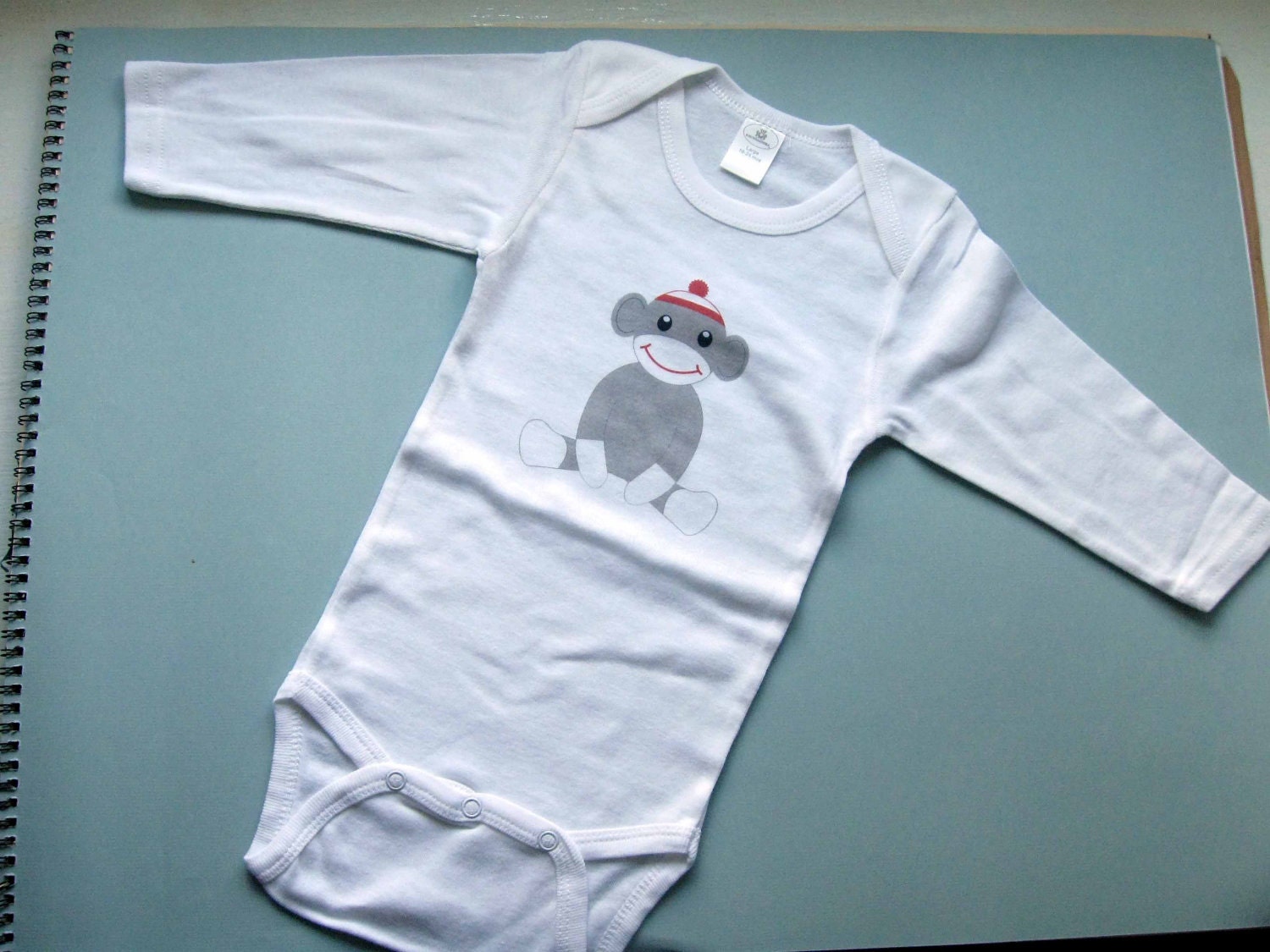 Large 18 - 24  / Long Sleeve Onesie / sock monkey by kaydi-did