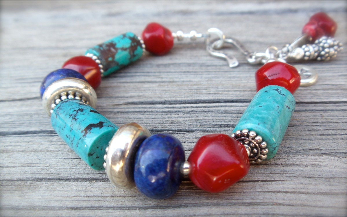 Handcrafted Tribal Red Blue Turquoise Bracelet