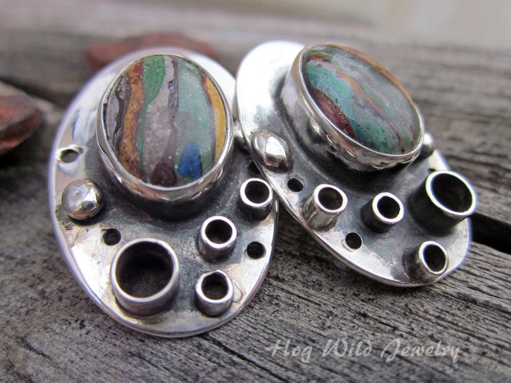 Handcrafted Artisan Made Sterling Silver and Calsilica Post Earrings