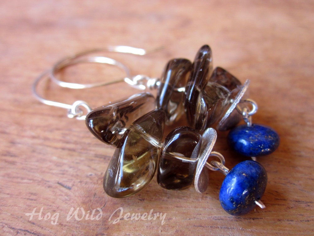 Smoky Quartz and Blue Lapis Dangle Earrings