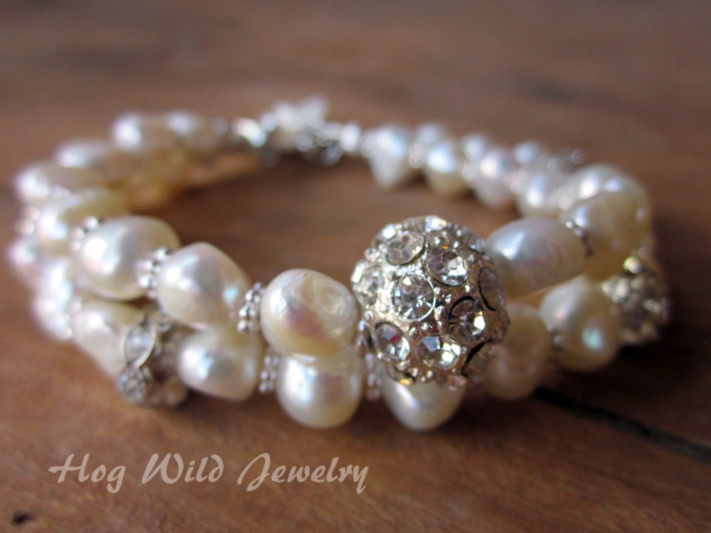 Ivory Freshwater Pearl Rhinestone Multi Strand Bracelet