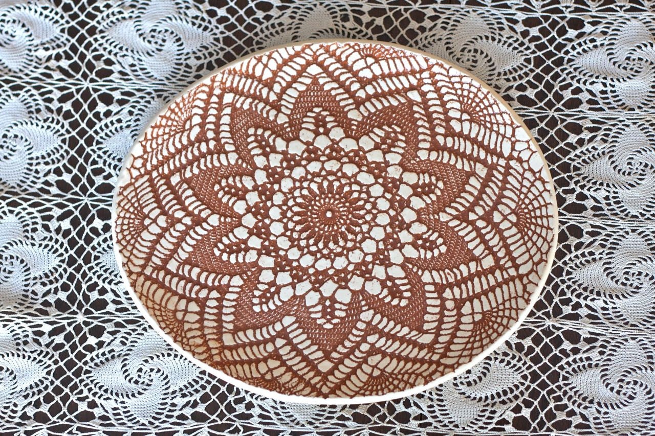 RESERVED for Kelsy - Burnt Orange Lace Doily and Burlap Serving Tray