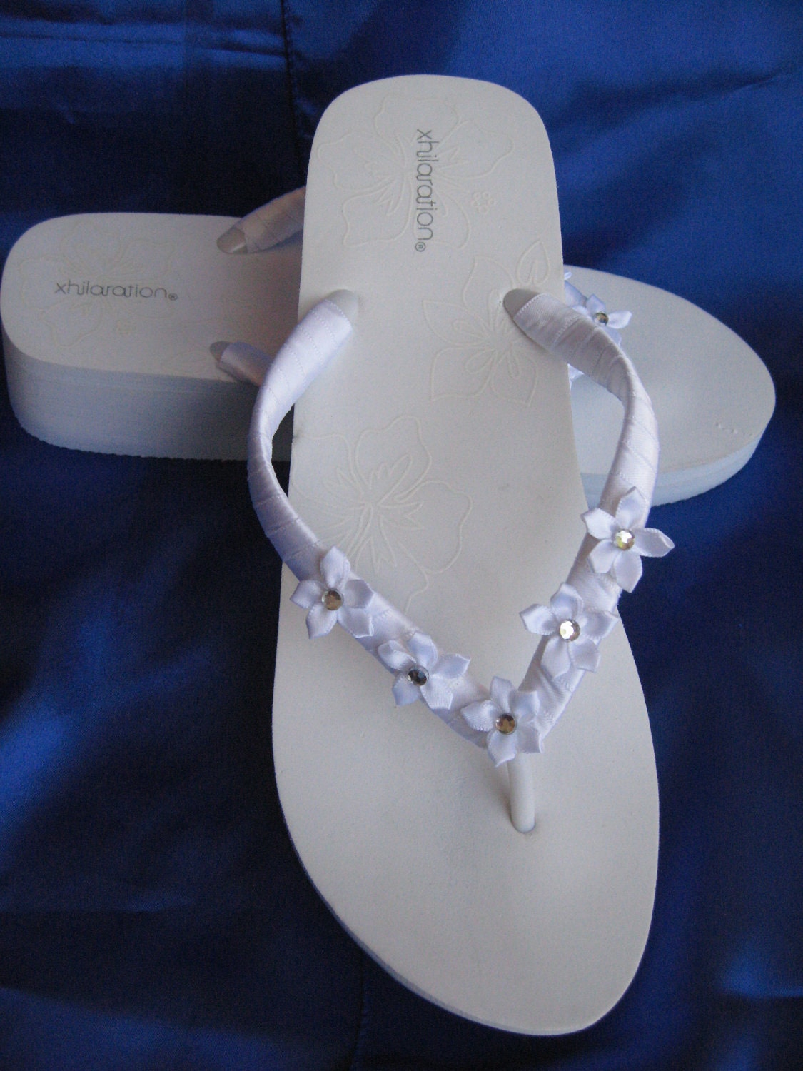White Wedge Flip Flops Bridal Flip Flops- Flowers and Rhinestones Bling Beach Wedding Sandals