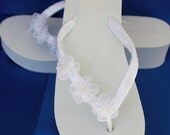 Bridal White Wedge Flip Flops Sandals with Organza Flowers Side Strap