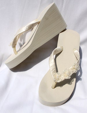 Bridal High Wedge Ivory Flip Flops Sandals with Ivory Flowers