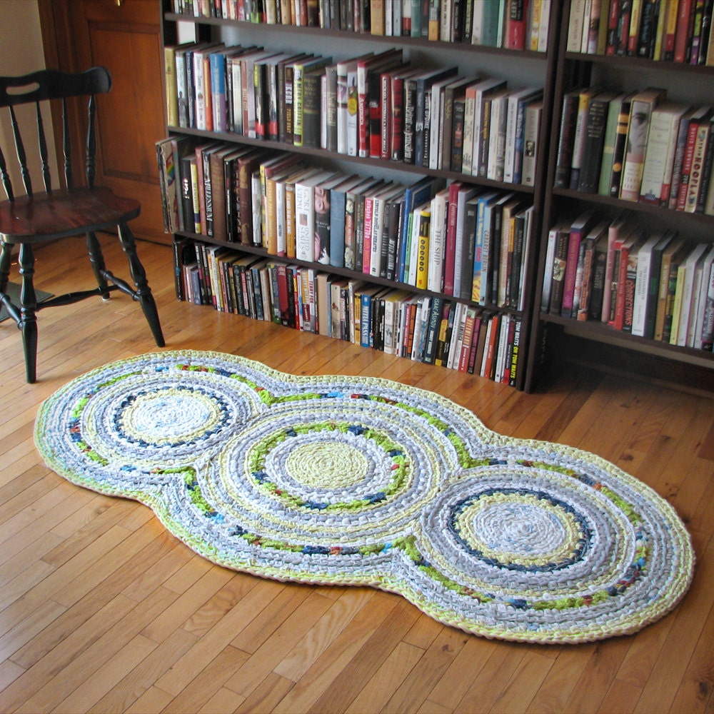 Triple Disc Apple Green and Lemon Yellow Crocheted Rag Rug