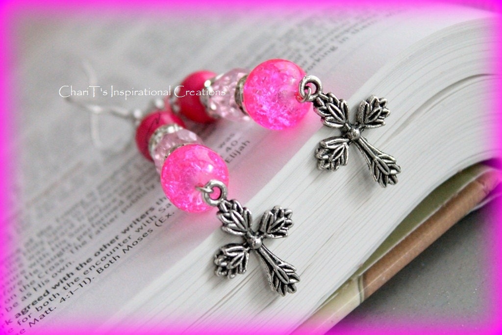 Inspirational Jewelry Pretty in Pink  Cross Earrings
