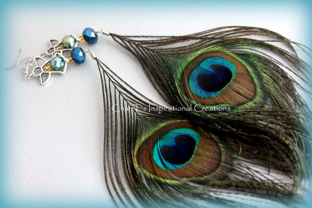 Divalicious Angel Peacock Feather Earrings