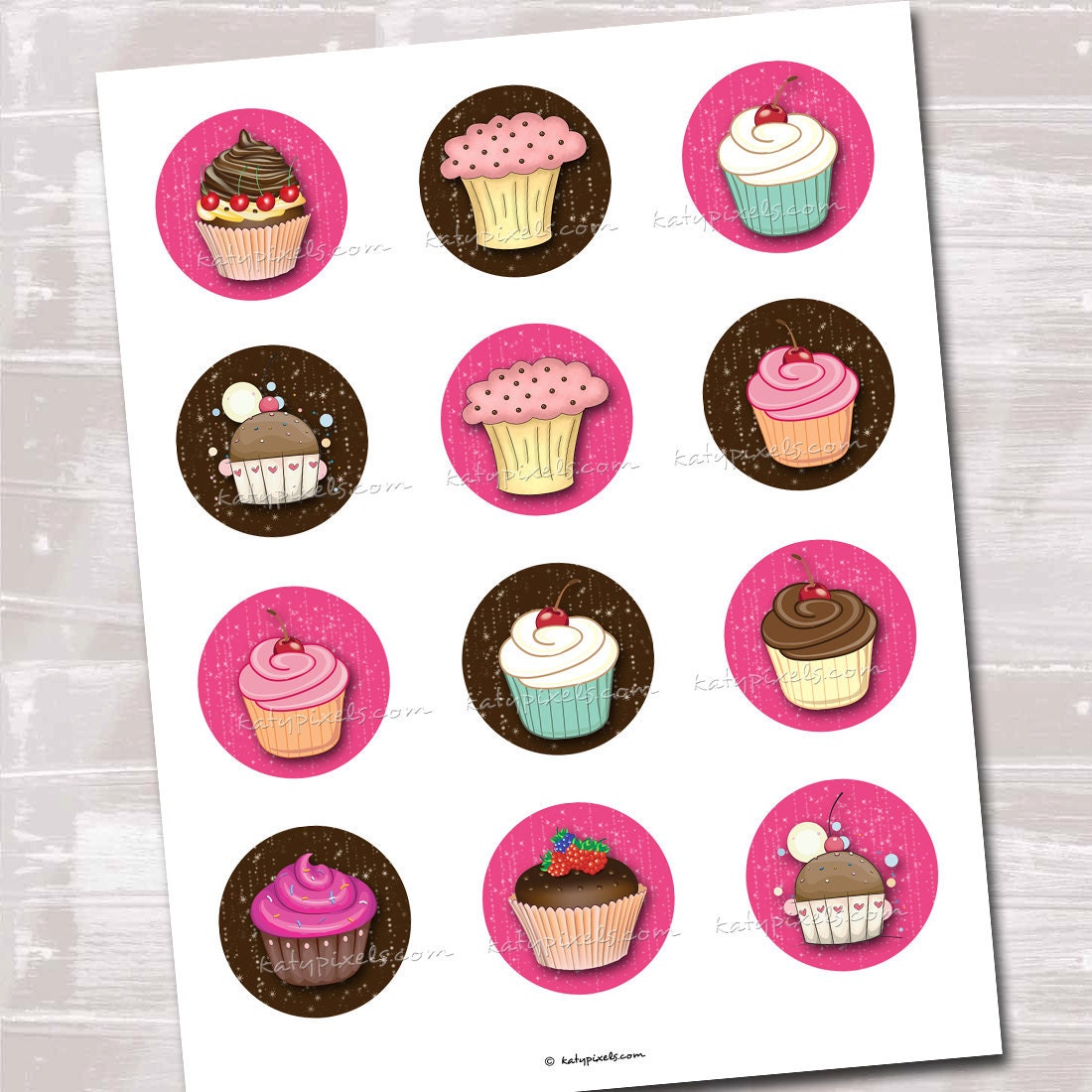 Pink & Brown Sparkle Cupcakes - 2 inch Circles Printable Digital Collage Sheet - Buy 3 Get 1 Free