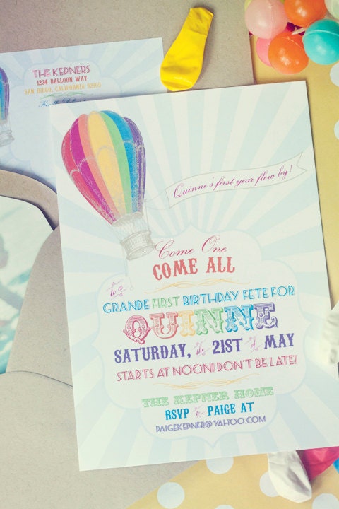 Rainbow Hot Air Balloon Birthday Invitation- Printable