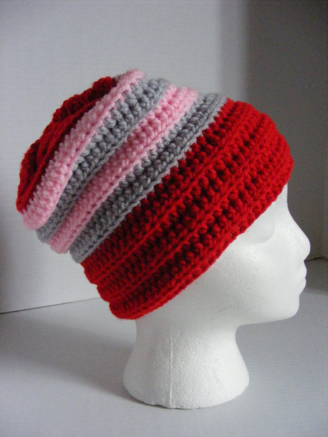 Red Pink and Light Gray Crochet Hat