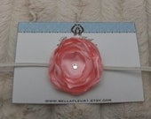 Light Pink Satin Flower with Swarovski Center on White Skinny Elastic Headband