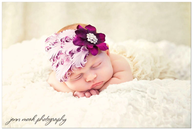 Baby Flower Headband - Newborn Headband - Photo Prop - Pink and Purple Couture Feather Headband