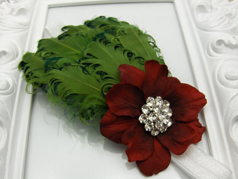 Baby Flower Headband - Feather Headband - Photo Prop - Holiday Couture Feather Headband with Red Flower and Large Rhinestone