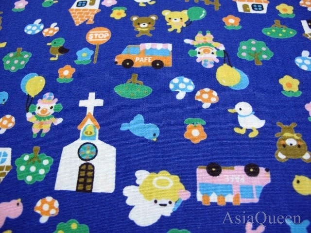 USD 8.5 - Duckling and church - blue - 1 yard - 30% off - cotton