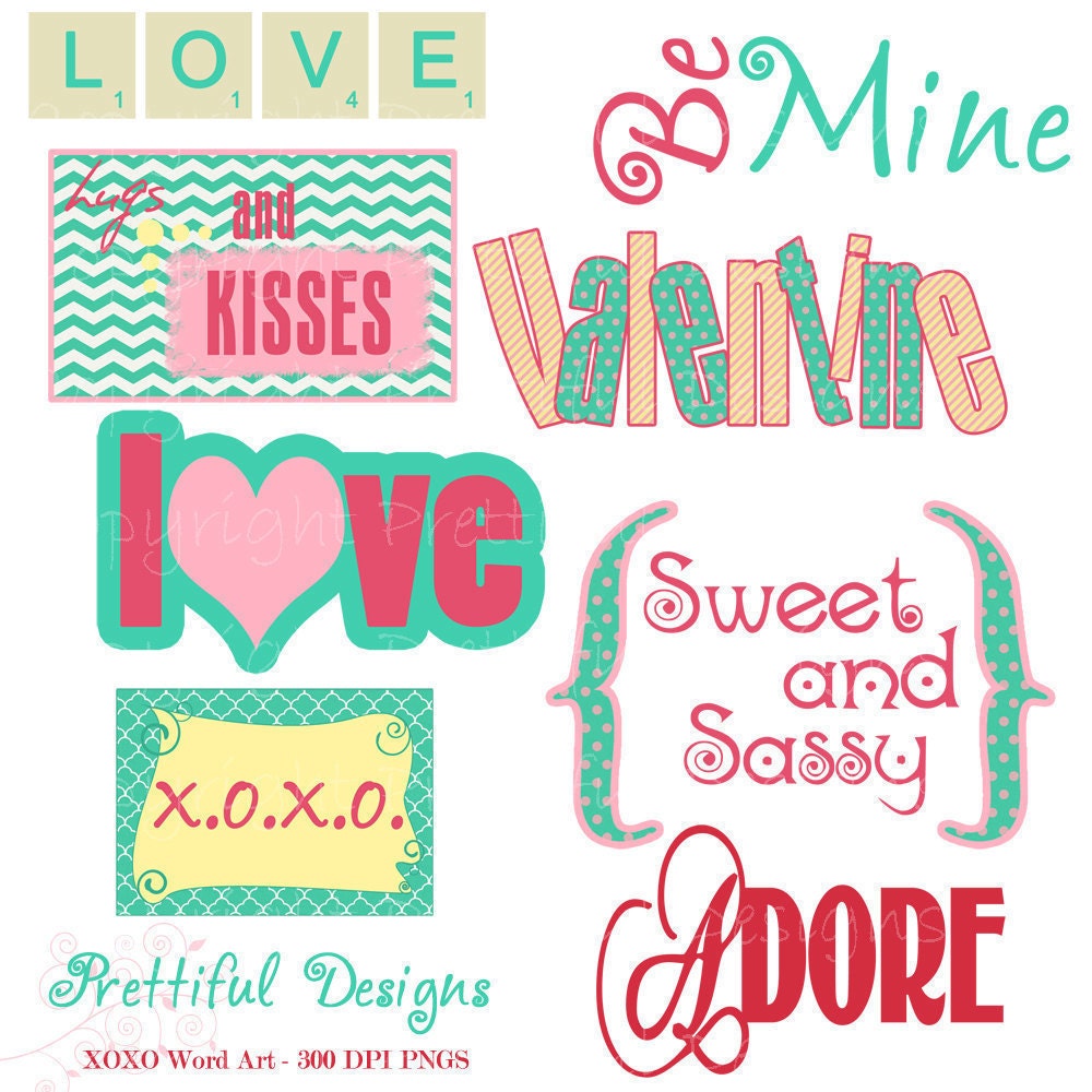 50% Off Sale SALE Clip Art Valentine Word Art Turquoise Pink Adore Sweet and Sassy XOXO (221) Il_170x135