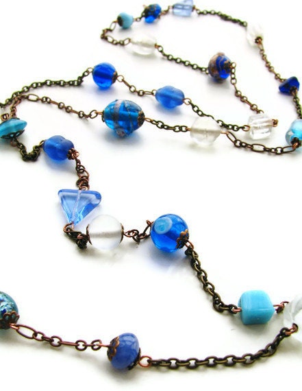 Blue Beaded Necklace Antique Copper and Brass Glass Beaded 42" Necklace - heversonart