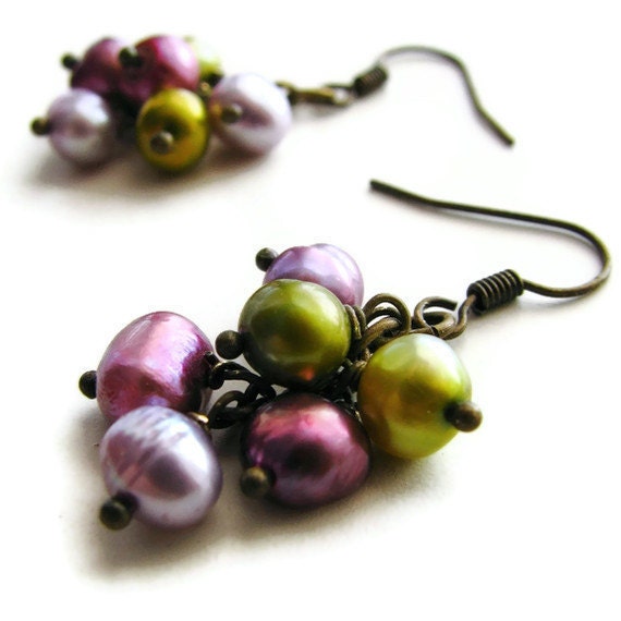 Pearl Cascading Cluster Earrings in Purple Mauve and Oilve Green  - Orchid Petals - heversonart