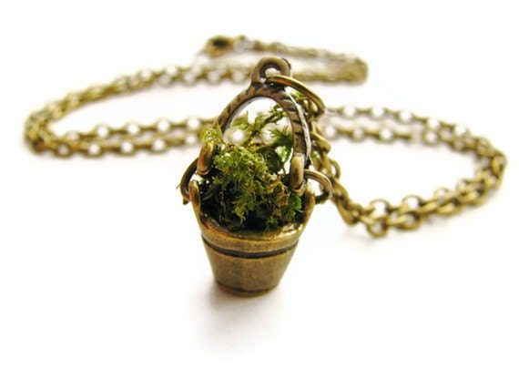 Antique Brass Bucket Necklace With Moss - Mossy Bucket - heversonart