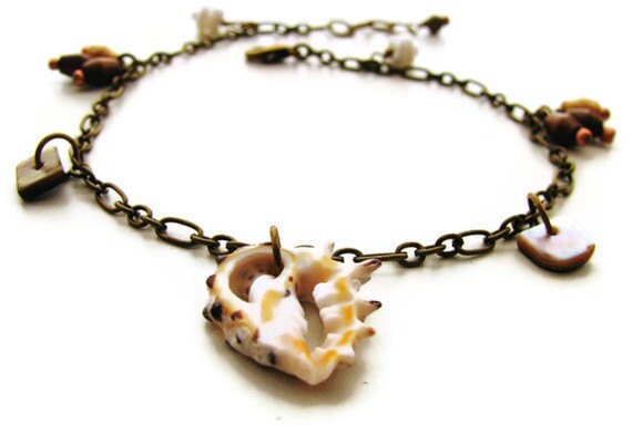 Romantic Shell Anklet with Mother of Pearl, Wood, Shell Heishi and Brass - Ocean Treasures - heversonart