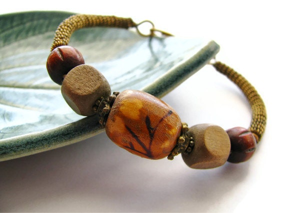 Asian Floral Bangle Cuff Bracelet Wire Wrapped with Antique Brass and Wooden Beads - heversonart